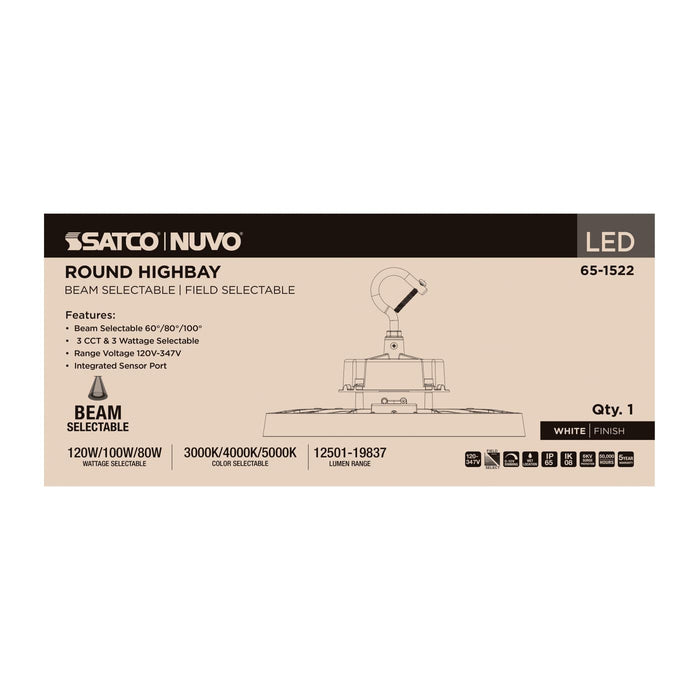 SATCO/NUVO LED UFO High Bay Wattage/CCT Selectable 120W/100W/80W 3000K/4000K/5000K 120-347V Selectable Beam Angle 60/80/100 Degree White (65-1522)