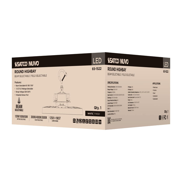 SATCO/NUVO LED UFO High Bay Wattage/CCT Selectable 120W/100W/80W 3000K/4000K/5000K 120-347V Selectable Beam Angle 60/80/100 Degree White (65-1522)