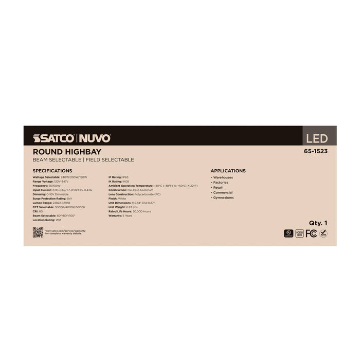 SATCO/NUVO LED UFO High Bay Wattage/CCT Selectable 240W/200W/150W 3000K/4000K/5000K 120-347V Selectable Beam Angle 60/80/100 Degree White (65-1523)