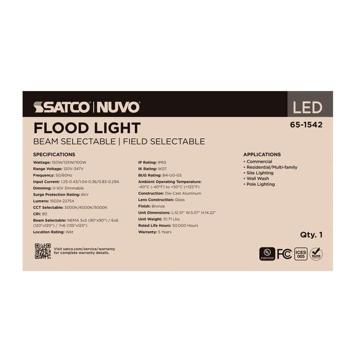 SATCO/NUVO LED Flood Light Wattage/CCT Selectable 150W/125W/100W 3000K/4000K/5000K Beam Angle Selectable Bronze Finish 120-347V (65-1542)