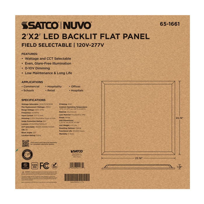SATCO/NUVO 2X2 LED Backlit Flat Panel Wattage/CCT Selectable 20W/30W/40W 3500K/4000K/5000K 120-277V White (65-1661)