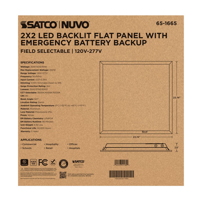 SATCO/NUVO 2X2 LED Backlit Flat Panel Wattage/CCT Selectable 20W/30W/40W 3500K/4000K/5000K Emergency Battery Backup 120-277V White (65-1665)