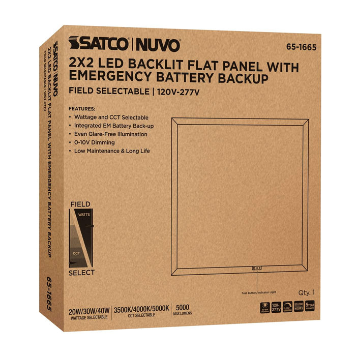 SATCO/NUVO 2X2 LED Backlit Flat Panel Wattage/CCT Selectable 20W/30W/40W 3500K/4000K/5000K Emergency Battery Backup 120-277V White (65-1665)