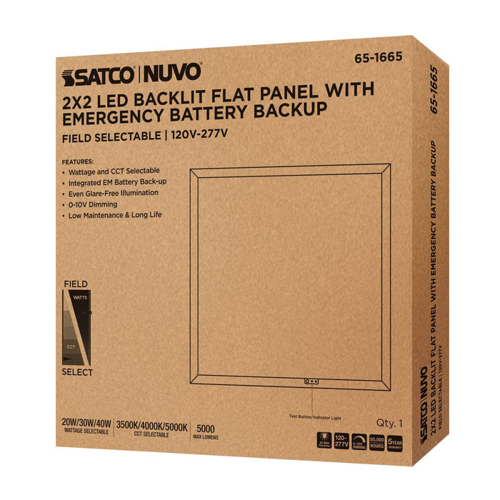 SATCO/NUVO 2X2 LED Backlit Flat Panel Wattage/CCT Selectable 20W/30W/40W 3500K/4000K/5000K Emergency Battery Backup 120-277V White (65-1665)