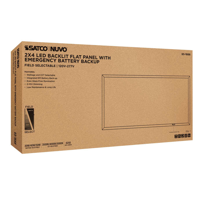 SATCO/NUVO 2X4 LED Backlit Flat Panel Wattage/CCT Selectable 30W/40W/50W 3500K/4000K/5000K Emergency Battery Backup 120-277V White (65-1666)