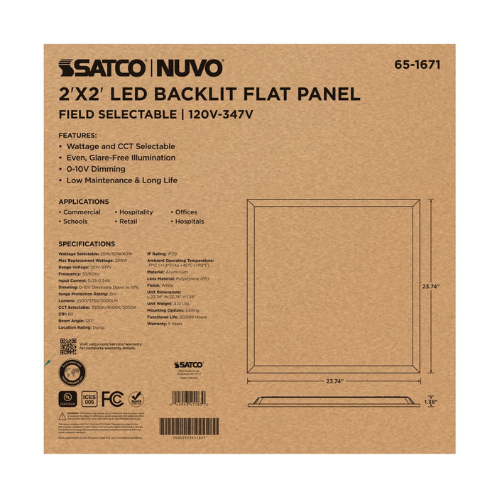 SATCO/NUVO 2X2 LED Backlit Flat Panel Wattage/CCT Selectable 20W/30W/40W 3500K/4000K/5000K 120-347V White (65-1671)