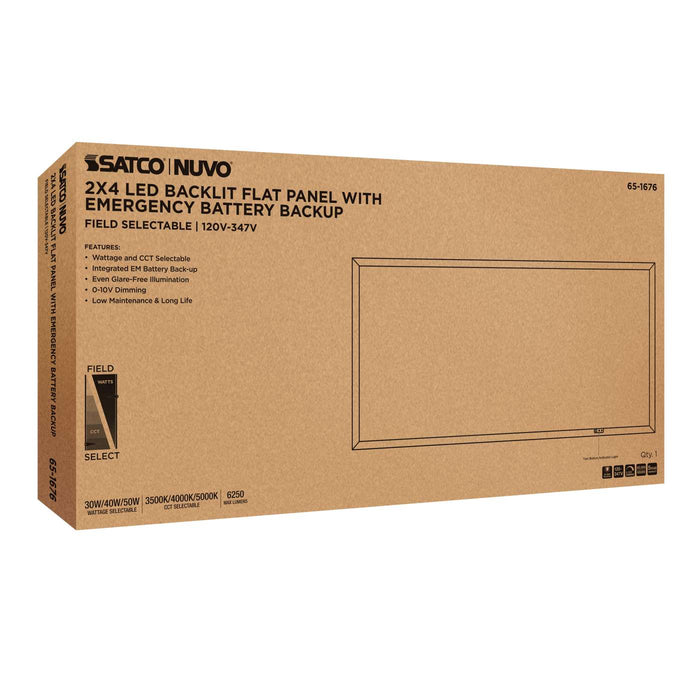 SATCO/NUVO 2X4 LED Backlit Flat Panel Wattage/CCT Selectable 30W/40W/50W 3500K/4000K/5000K Emergency Battery Backup 120-347V White (65-1676)