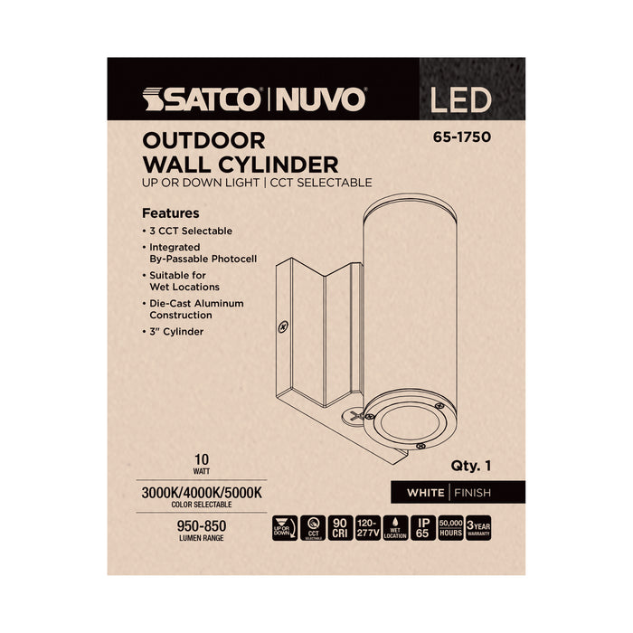 SATCO/NUVO 10W 1-Light Small LED Wall Sconce CCT Selectable 3000K/4000K/5000K 90 CRI Non-Dimmable 120-277V Up Or Down Installation White (65-1750)