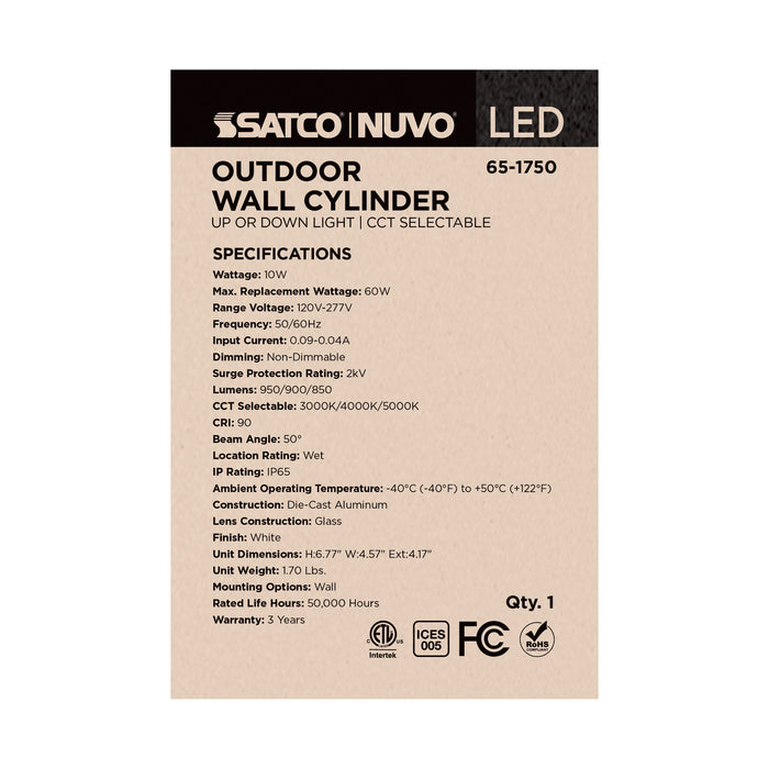 SATCO/NUVO 10W 1-Light Small LED Wall Sconce CCT Selectable 3000K/4000K/5000K 90 CRI Non-Dimmable 120-277V Up Or Down Installation White (65-1750)