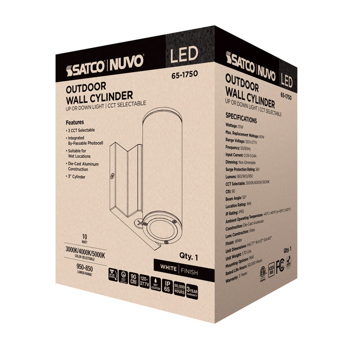 SATCO/NUVO 10W 1-Light Small LED Wall Sconce CCT Selectable 3000K/4000K/5000K 90 CRI Non-Dimmable 120-277V Up Or Down Installation White (65-1750)