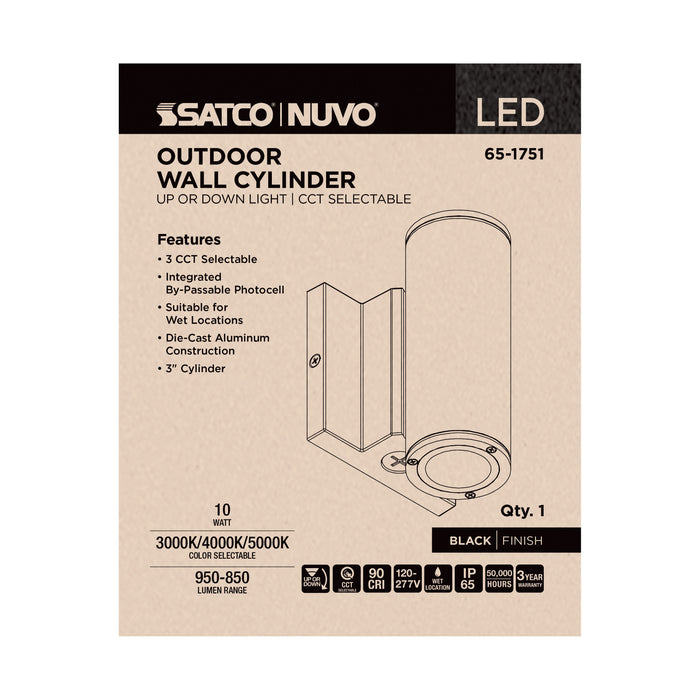SATCO/NUVO 10W 1-Light Small LED Wall Sconce CCT Selectable 3000K/4000K/5000K 90 CRI Non-Dimmable 120-277V Up Or Down Installation Black (65-1751)