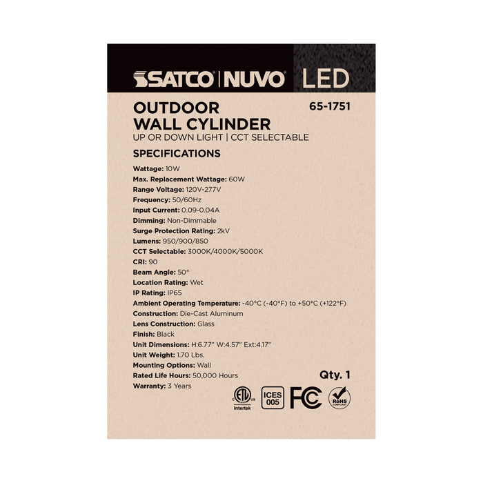 SATCO/NUVO 10W 1-Light Small LED Wall Sconce CCT Selectable 3000K/4000K/5000K 90 CRI Non-Dimmable 120-277V Up Or Down Installation Black (65-1751)