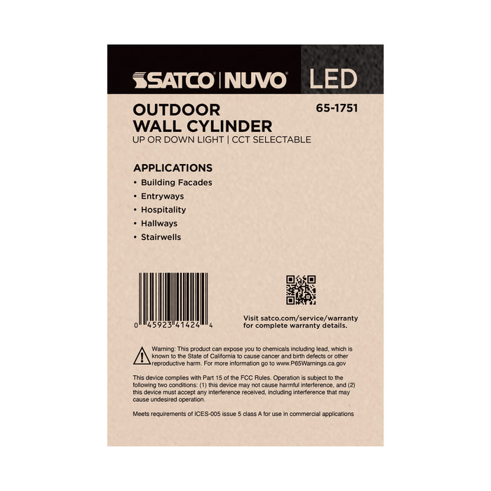 SATCO/NUVO 10W 1-Light Small LED Wall Sconce CCT Selectable 3000K/4000K/5000K 90 CRI Non-Dimmable 120-277V Up Or Down Installation Black (65-1751)