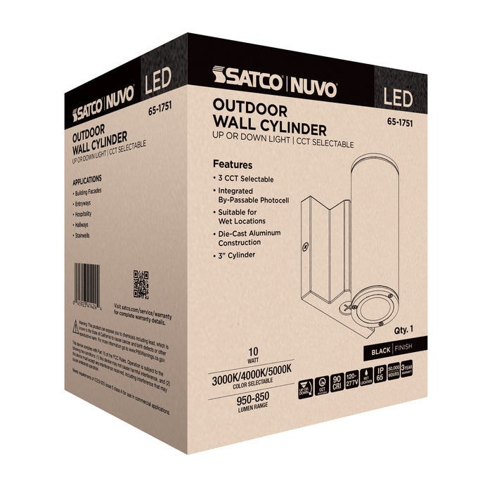 SATCO/NUVO 10W 1-Light Small LED Wall Sconce CCT Selectable 3000K/4000K/5000K 90 CRI Non-Dimmable 120-277V Up Or Down Installation Black (65-1751)