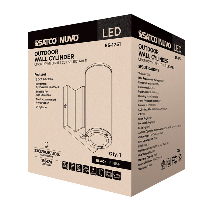 SATCO/NUVO 10W 1-Light Small LED Wall Sconce CCT Selectable 3000K/4000K/5000K 90 CRI Non-Dimmable 120-277V Up Or Down Installation Black (65-1751)