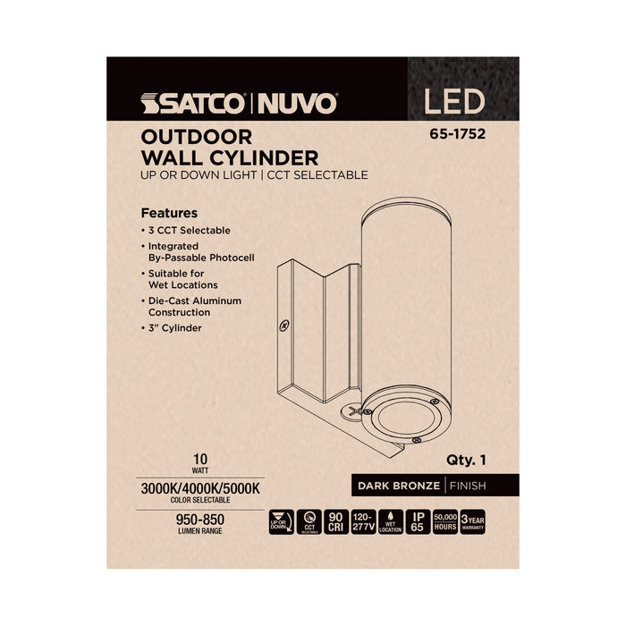 SATCO/NUVO 10W 1-Light Small LED Wall Sconce CCT Selectable 3000K/4000K/5000K 90 CRI Non-Dimmable 120-277V Up Or Down Installation Dark Bronze (65-1752)