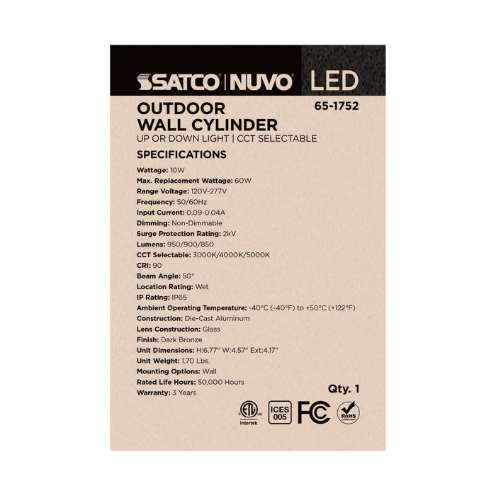 SATCO/NUVO 10W 1-Light Small LED Wall Sconce CCT Selectable 3000K/4000K/5000K 90 CRI Non-Dimmable 120-277V Up Or Down Installation Dark Bronze (65-1752)