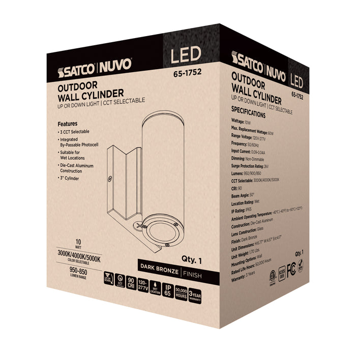 SATCO/NUVO 10W 1-Light Small LED Wall Sconce CCT Selectable 3000K/4000K/5000K 90 CRI Non-Dimmable 120-277V Up Or Down Installation Dark Bronze (65-1752)
