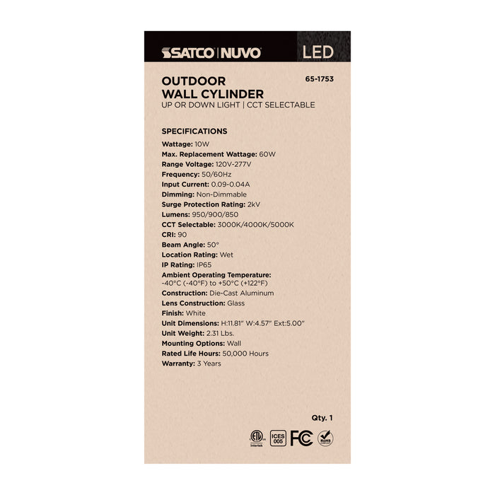 SATCO/NUVO 10W 1-Light Medium LED Wall Sconce CCT Selectable 3000K/4000K/5000K 90 CRI Non-Dimmable 120-277V Up Or Down Installation White (65-1753)