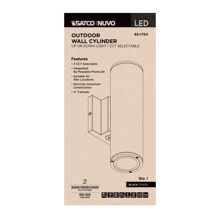 SATCO/NUVO 10W 1-Light Medium LED Wall Sconce CCT Selectable 3000K/4000K/5000K 90 CRI Non-Dimmable 120-277V Up Or Down Installation Black (65-1754)