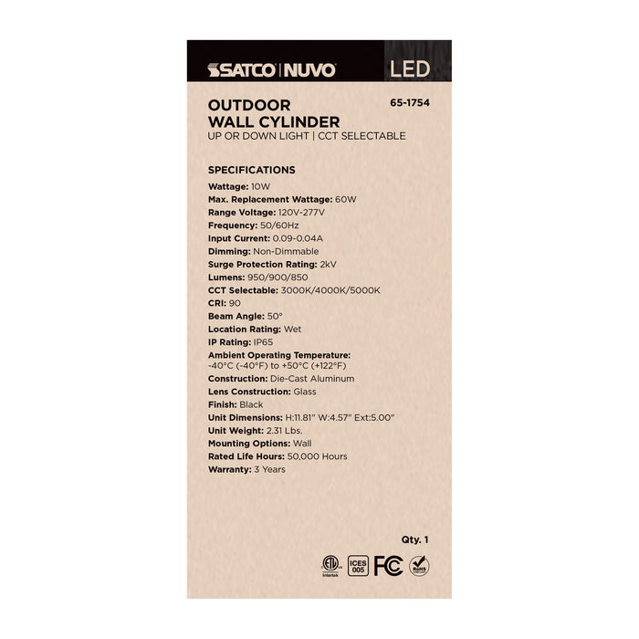 SATCO/NUVO 10W 1-Light Medium LED Wall Sconce CCT Selectable 3000K/4000K/5000K 90 CRI Non-Dimmable 120-277V Up Or Down Installation Black (65-1754)