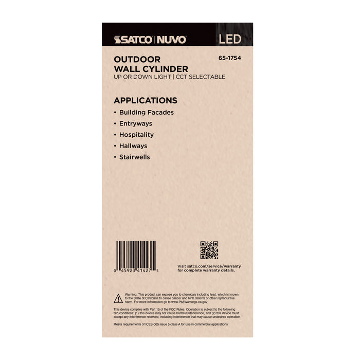 SATCO/NUVO 10W 1-Light Medium LED Wall Sconce CCT Selectable 3000K/4000K/5000K 90 CRI Non-Dimmable 120-277V Up Or Down Installation Black (65-1754)
