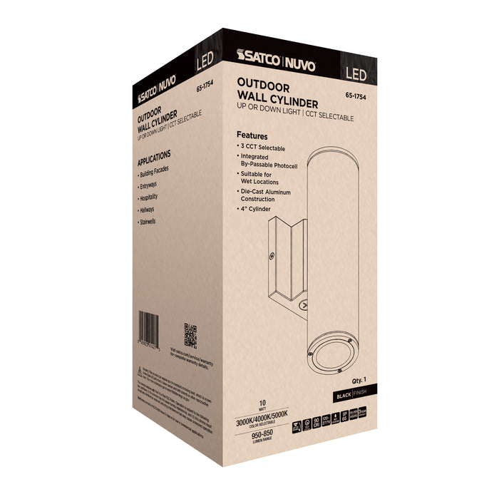 SATCO/NUVO 10W 1-Light Medium LED Wall Sconce CCT Selectable 3000K/4000K/5000K 90 CRI Non-Dimmable 120-277V Up Or Down Installation Black (65-1754)