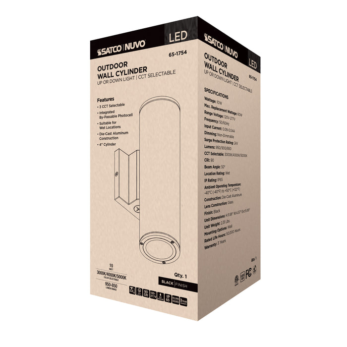 SATCO/NUVO 10W 1-Light Medium LED Wall Sconce CCT Selectable 3000K/4000K/5000K 90 CRI Non-Dimmable 120-277V Up Or Down Installation Black (65-1754)