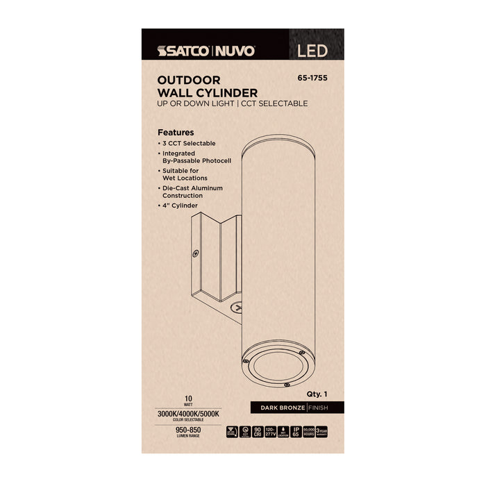 SATCO/NUVO 10W 1-Light Medium LED Wall Sconce CCT Selectable 3000K/4000K/5000K 90 CRI Non-Dimmable 120-277V Up Or Down Installation Dark Bronze (65-1755)