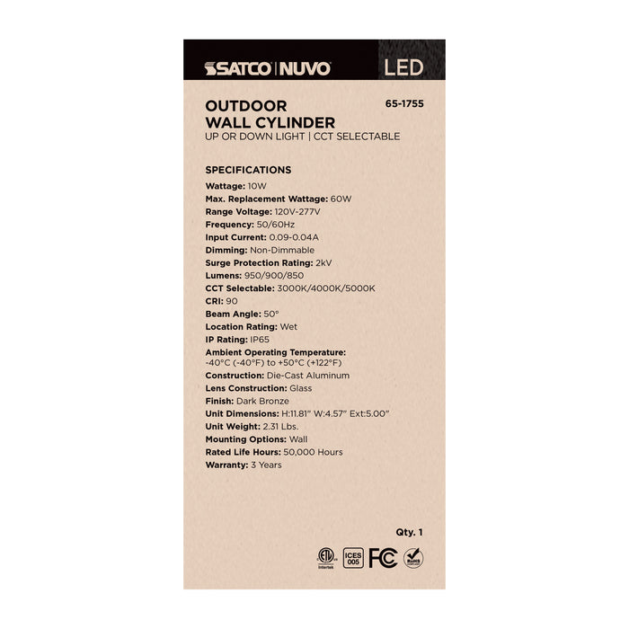 SATCO/NUVO 10W 1-Light Medium LED Wall Sconce CCT Selectable 3000K/4000K/5000K 90 CRI Non-Dimmable 120-277V Up Or Down Installation Dark Bronze (65-1755)
