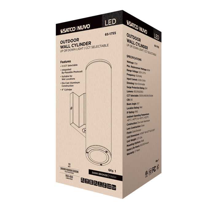 SATCO/NUVO 10W 1-Light Medium LED Wall Sconce CCT Selectable 3000K/4000K/5000K 90 CRI Non-Dimmable 120-277V Up Or Down Installation Dark Bronze (65-1755)