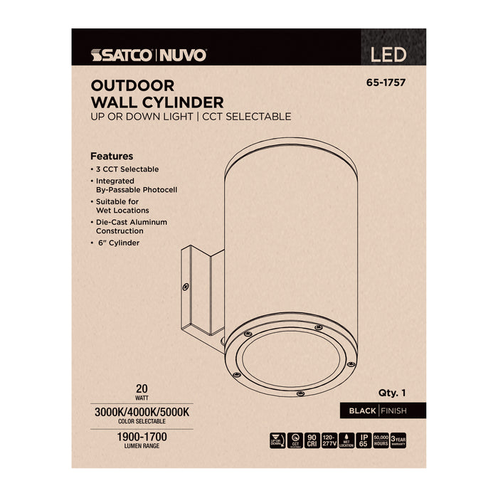 SATCO/NUVO 20W 1-Light Large LED Wall Sconce CCT Selectable 3000K/4000K/5000K 90 CRI Non-Dimmable 120-277V Up Or Down Installation Black (65-1757)
