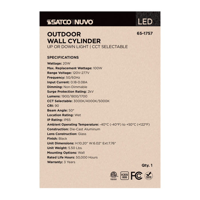 SATCO/NUVO 20W 1-Light Large LED Wall Sconce CCT Selectable 3000K/4000K/5000K 90 CRI Non-Dimmable 120-277V Up Or Down Installation Black (65-1757)