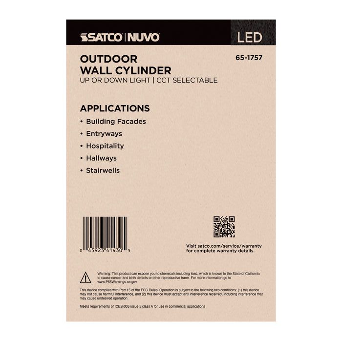 SATCO/NUVO 20W 1-Light Large LED Wall Sconce CCT Selectable 3000K/4000K/5000K 90 CRI Non-Dimmable 120-277V Up Or Down Installation Black (65-1757)