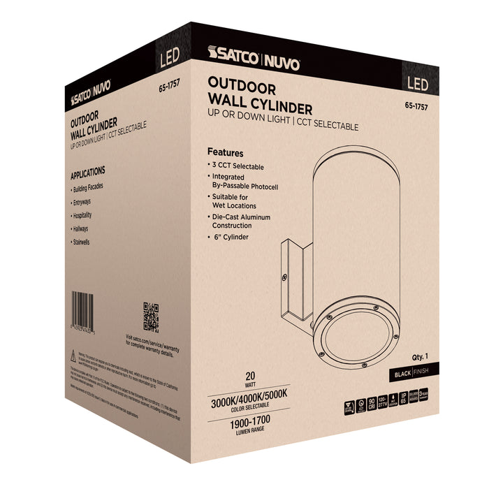 SATCO/NUVO 20W 1-Light Large LED Wall Sconce CCT Selectable 3000K/4000K/5000K 90 CRI Non-Dimmable 120-277V Up Or Down Installation Black (65-1757)