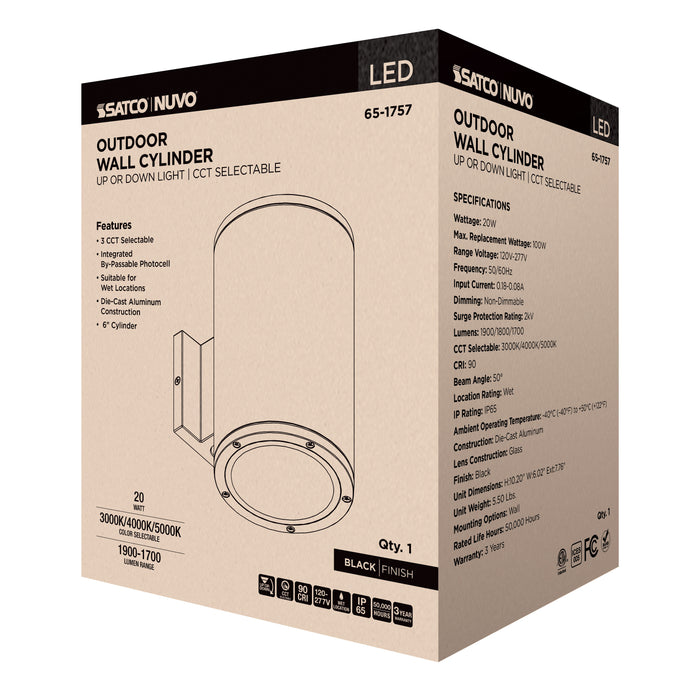SATCO/NUVO 20W 1-Light Large LED Wall Sconce CCT Selectable 3000K/4000K/5000K 90 CRI Non-Dimmable 120-277V Up Or Down Installation Black (65-1757)
