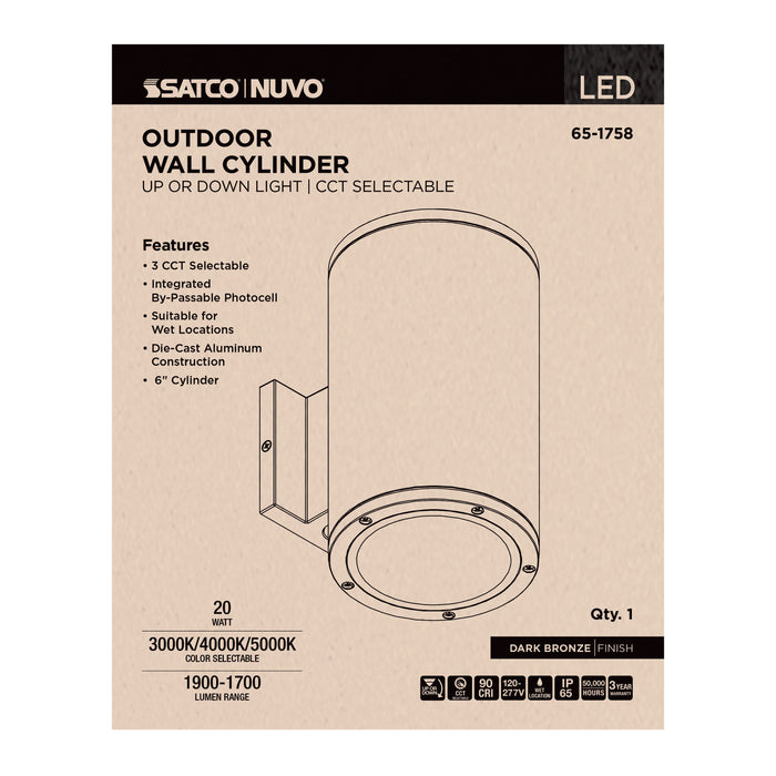 SATCO/NUVO 20W 1-Light Large LED Wall Sconce CCT Selectable 3000K/4000K/5000K 90 CRI Non-Dimmable 120-277V Up Or Down Installation Dark Bronze (65-1758)