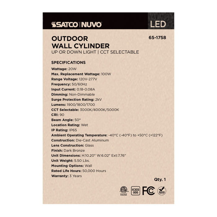 SATCO/NUVO 20W 1-Light Large LED Wall Sconce CCT Selectable 3000K/4000K/5000K 90 CRI Non-Dimmable 120-277V Up Or Down Installation Dark Bronze (65-1758)