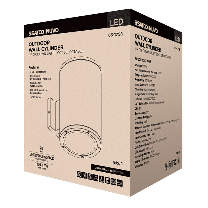 SATCO/NUVO 20W 1-Light Large LED Wall Sconce CCT Selectable 3000K/4000K/5000K 90 CRI Non-Dimmable 120-277V Up Or Down Installation Dark Bronze (65-1758)