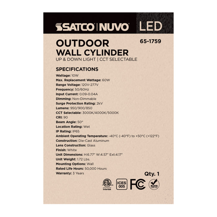 SATCO/NUVO 10W 2-Light Small LED Wall Sconce CCT Selectable 3000K/4000K/5000K 90 CRI Non-Dimmable 120-277V Up And Down Installation White (65-1759)