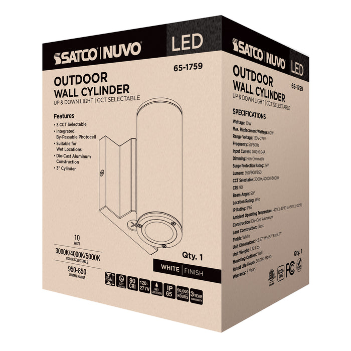 SATCO/NUVO 10W 2-Light Small LED Wall Sconce CCT Selectable 3000K/4000K/5000K 90 CRI Non-Dimmable 120-277V Up And Down Installation White (65-1759)