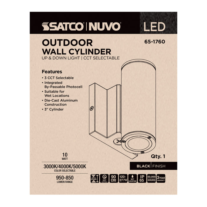 SATCO/NUVO 10W 2-Light Small LED Wall Sconce CCT Selectable 3000K/4000K/5000K 90 CRI Non-Dimmable 120-277V Up And Down Installation Black (65-1760)