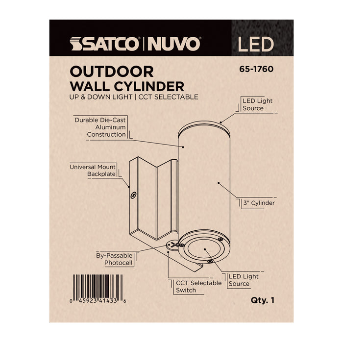 SATCO/NUVO 10W 2-Light Small LED Wall Sconce CCT Selectable 3000K/4000K/5000K 90 CRI Non-Dimmable 120-277V Up And Down Installation Black (65-1760)