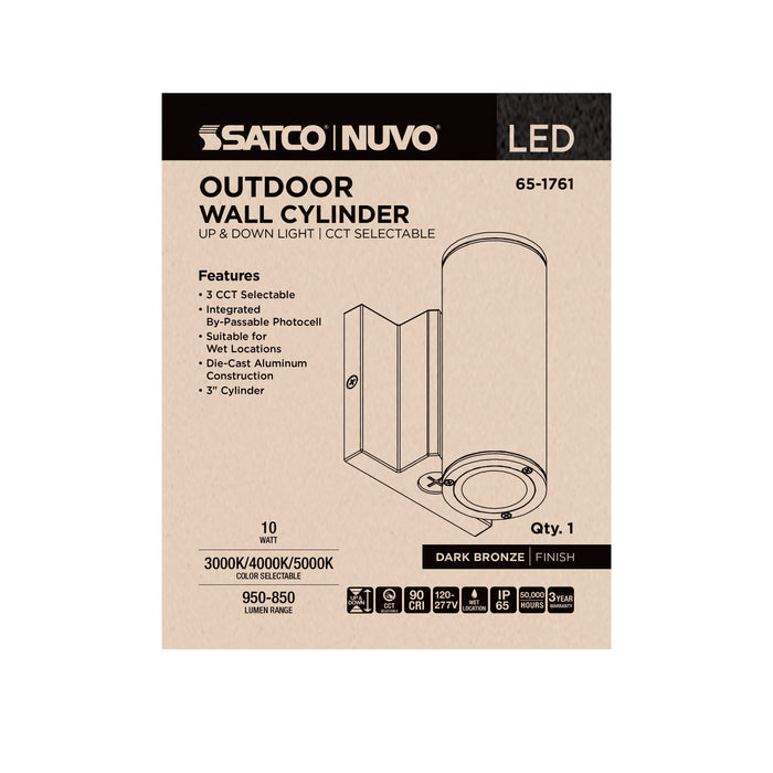 SATCO/NUVO 10W 2-Light Small LED Wall Sconce CCT Selectable 3000K/4000K/5000K 90 CRI Non-Dimmable 120-277V Up And Down Installation Dark Bronze (65-1761)