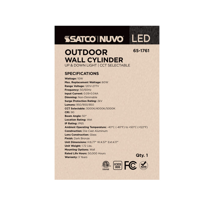 SATCO/NUVO 10W 2-Light Small LED Wall Sconce CCT Selectable 3000K/4000K/5000K 90 CRI Non-Dimmable 120-277V Up And Down Installation Dark Bronze (65-1761)