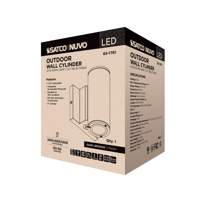 SATCO/NUVO 10W 2-Light Small LED Wall Sconce CCT Selectable 3000K/4000K/5000K 90 CRI Non-Dimmable 120-277V Up And Down Installation Dark Bronze (65-1761)