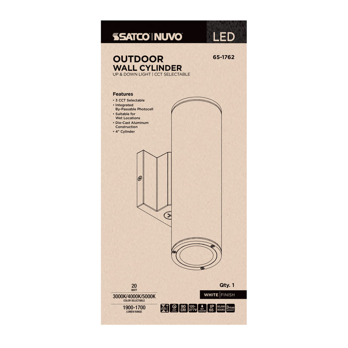 SATCO/NUVO 20W 2-Light Medium LED Wall Sconce CCT Selectable 3000K/4000K/5000K 90 CRI Non-Dimmable 120-277V Up And Down Installation White (65-1762)