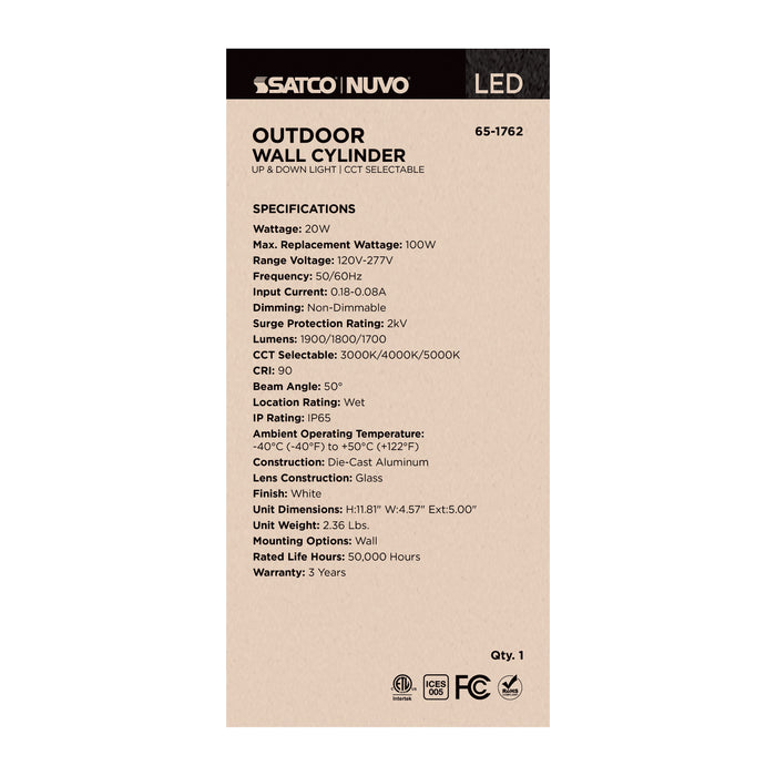 SATCO/NUVO 20W 2-Light Medium LED Wall Sconce CCT Selectable 3000K/4000K/5000K 90 CRI Non-Dimmable 120-277V Up And Down Installation White (65-1762)
