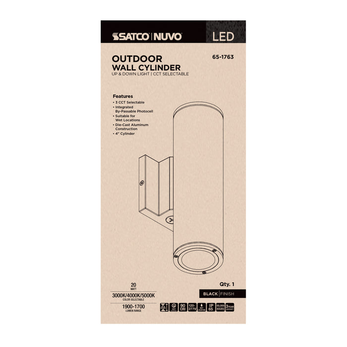 SATCO/NUVO 20W 2-Light Medium LED Wall Sconce CCT Selectable 3000K/4000K/5000K 90 CRI Non-Dimmable 120-277V Up And Down Installation Black (65-1763)