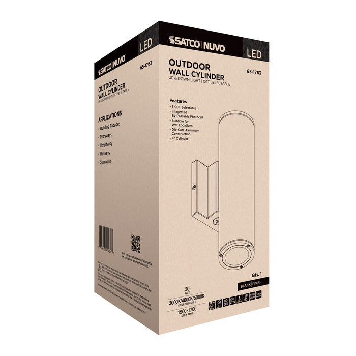 SATCO/NUVO 20W 2-Light Medium LED Wall Sconce CCT Selectable 3000K/4000K/5000K 90 CRI Non-Dimmable 120-277V Up And Down Installation Black (65-1763)